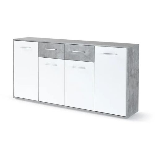 Pilvi Buffet Bas 4 Portes 4 Tiroirs - Blanc Et Béton Gris Clair - L 162,3 X P 34,2 X H 88,1 Cm