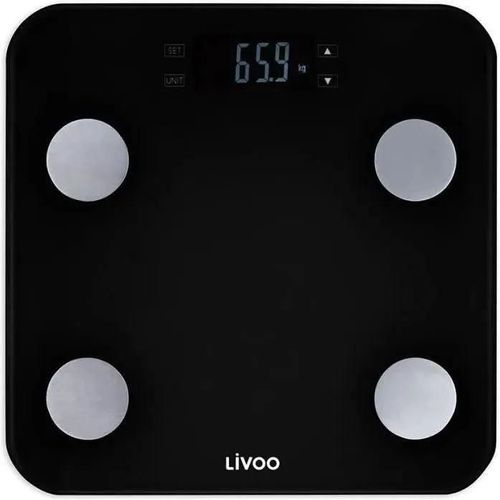 Livoo Dom427n Pese-Personne Impédancemetre - 13 Mémoires Utilisateurs - 180 Kg - Plateau En Verre Trempé Affichage Lcd - Noir