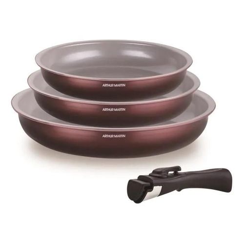 Set De 3 Poeles - Arthur Martin - Am8866 - Tous Feux Dont Induction - 20/24/28 Cm + 1 Poignée - Aluminium - Revetement Céramique