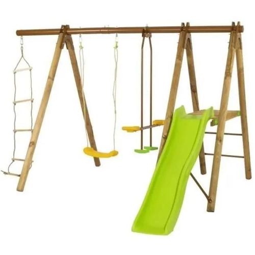 Portique Bois Et Métal - 1.90m - 1 Balançoire. 1 Face A Face. 1 Échelle De Corde Et 1 Toboggan 1.73m - Oreka Trigano