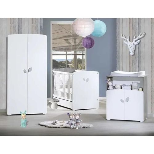 Chambre Bébé Trio Lit Bébé 120x60 + Commode À Langer 2 Tiroirs Et Une Niche + Armoire 2 Portes Leaf
