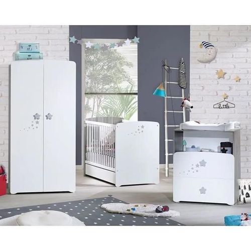 Chambre Bébé Trio Lit Bébé 120x60 + Commode 2 Tiroirs Et Une Niche + Armoire 2 Portes Nao