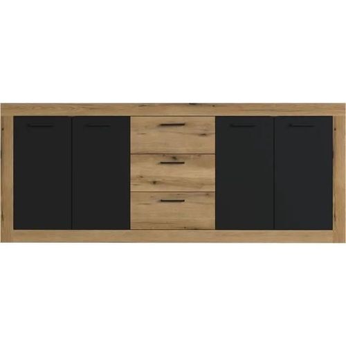 Buffet Indus Mélaminé Chene Et Noir - 4 Portes + 3 Tiroirs - Style Industriel - L 206 X P 45 X H 83,5 Cm Stone