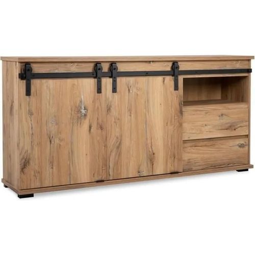 Buffet Manzano - Panneaux De Particules - Chene Flagstaff - 2 Portes Coulissantes, 2 Tiroirs, 1 Niche - L 180 X H 87 X L 40 Cm