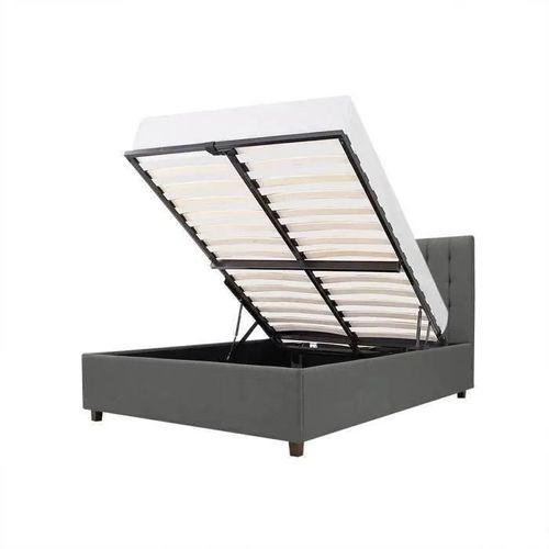 Lit Adulte 160 X 200 Cm Coffre De Rangement - Tissu Imitation Lin Gris Foncé - Sommier Inclus - Emily