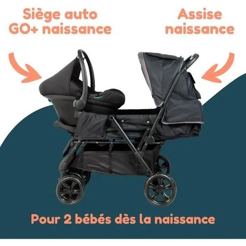 Poussette Double Jumeaux - Bambisol - Combiné Poussette Double + Siege Auto I-Size - 4 Roues - Noir