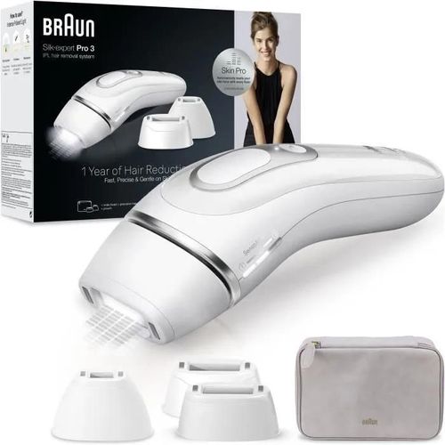 Épilateur A Lumiere Pulsée - Braun - Silk·Expert Pro 3 - Épilation Des Poils A La Maison - Pochette - 3 Tetes - Pl3230