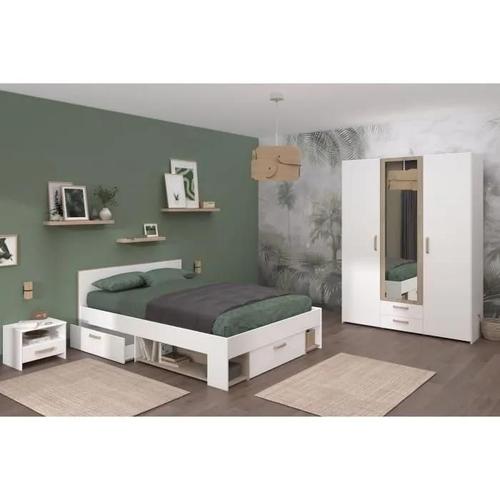 Chambre Complete Adulte - Dream - Lit 140x190/200 Cm + 2 Chevets + Armoire - Décor Blanc Et Chene - Parisot