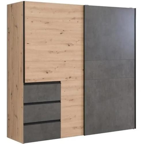 Armoire 2 Portes Coulissantes 3 Tiroirs - Décor Chene Artisan Et Béton Gris - L 200,1 X P 61,2 X H 200,5 Cm - Winn2