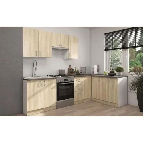 Sara Cuisine Complete Modulable - Angle Réversible - 7 Éléments - Décor Chene Sonoma - L270 X L148 Cm - Plan De Travail Non Inclus