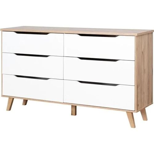 Vankka Commode 6 Tiroirs - Décor Chene Et Blanc - L 154 X P 42 X H 86 Cm