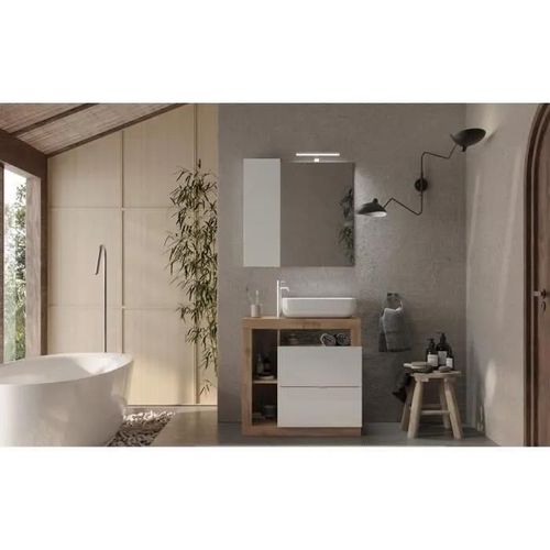 Ensemble Meuble Salle De Bain Hambourg L78 - Vasque + 2 Tiroirs + 3 Niches - Coloris Chene Clair Et Laqué Blanc