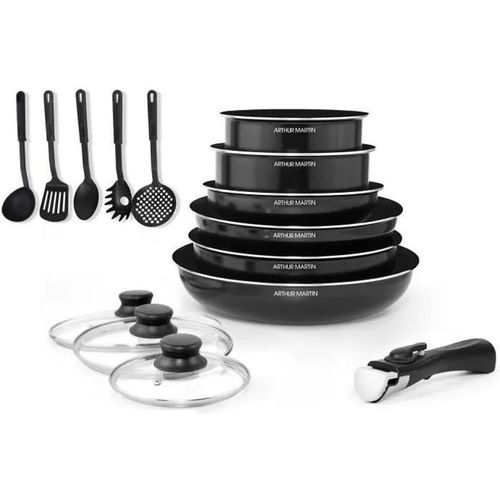 Arthur Martin Batterie De Cuisine Amovible 15 Pieces 16-20-22-24-26 Cm Noir - Tous Feux Dont Induction