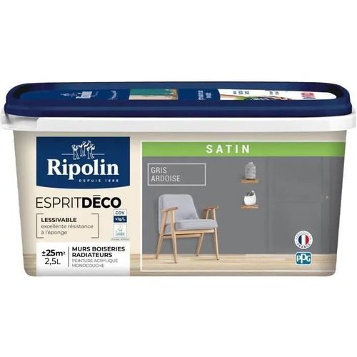 RIPOLIN Peinture Couleur Satin Ultra Couvrante pour Cuisine. Chambre. Salon. Salle. Entrée. Couloir - Gris ardoise