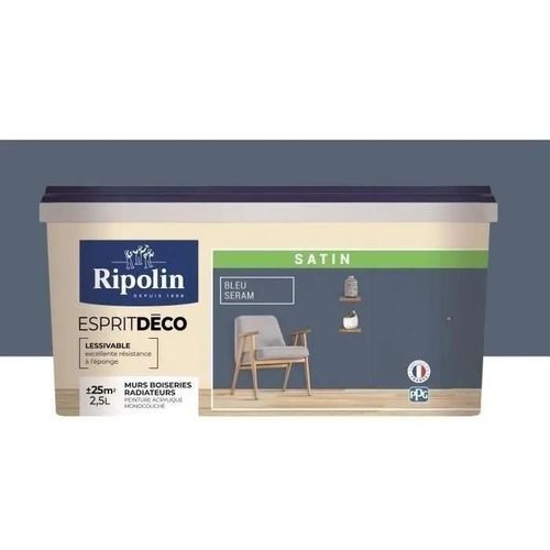 RIPOLIN Peinture Couleur Satin Ultra Couvrante pour Cuisine. Chambre. Salon. Salle. Entrée. Couloir - Bleu seram