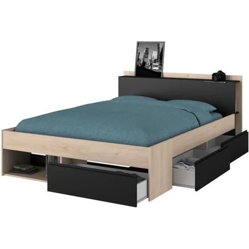 Lit Adulte Combo 160x200 Cm - Chene Et Noir - 3 Tiroirs - Parisot