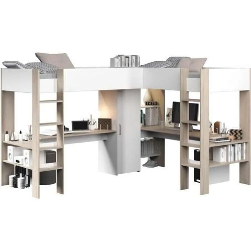 Lit Mezzanine Double Effet Bois Clair Et Blanc
