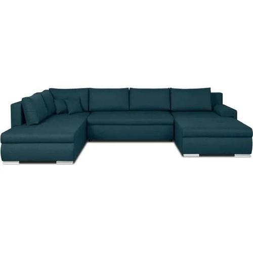 Canapé D'angle Panoramique Convertible -7 Places - Indian - Tissu 100% Polyester - Bleu Canard - 360 X 228 Cm