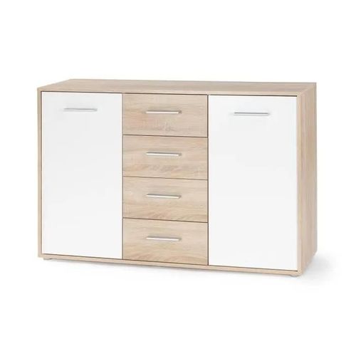 Pilvi Buffet Bas 2 Portes 4 Tiroirs - Blanc Et Chene Sonoma - L 122,6 X P 34,2 H 88,1 Cm
