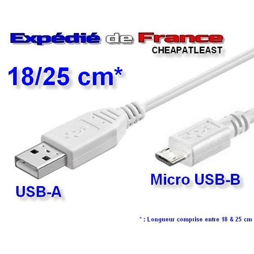 Cable Adaptateur Usb-A / Micro Usb-B - De Charge + Data (Transfert De Données) - 18/25 Cm - Smartphone ANDROID Tablette Montre Ebook Feux De Vélo Casque Écouteurs Blackberry etc...