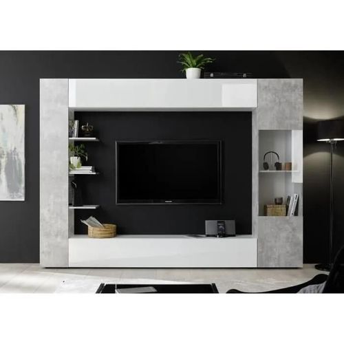Mur Tv Sirius Avec Rangements - Coloris : Blanc Laqué Et Béton