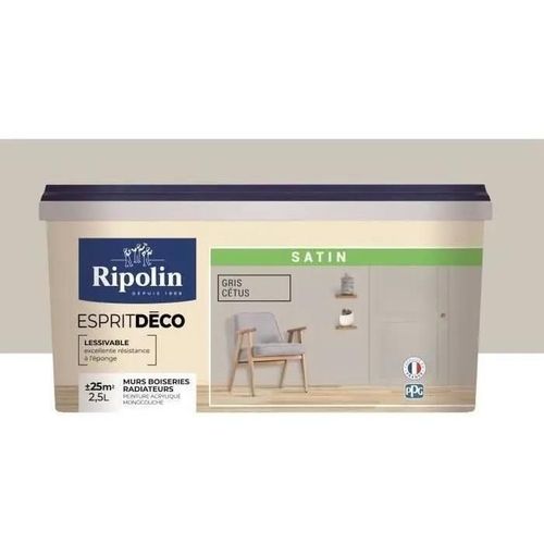 RIPOLIN Peinture Couleur Satin Ultra Couvrante pour Cuisine. Chambre. Salon. Salle. Entrée. Couloir - Gris cetus