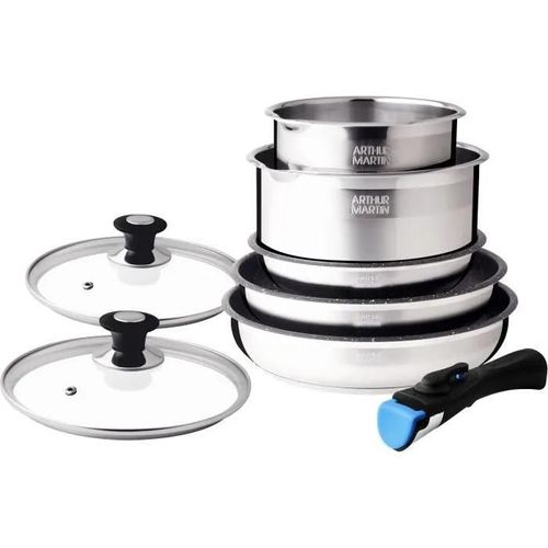 Batterie De Cuisine Arthur Martin Am2493 8 Pieces - Acier Inoxydable - Poignée Amovible - Tous Feux Dont Induction