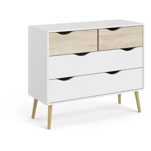 Commode 4 Tiroirs - Blanc / Chene - Pietement Évasé En Bois Massif - 98,7 X 39,1 X 81,7 Cm
