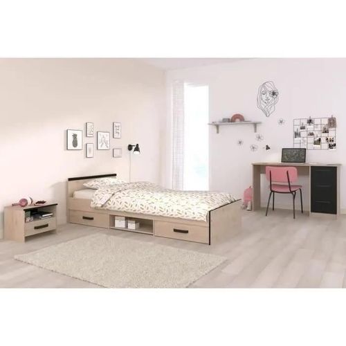 Chambre Complete Enfant 3 Pieces Zodiac - Lit + Chevet + Bureau - Décor Chene/Noir - Parisot