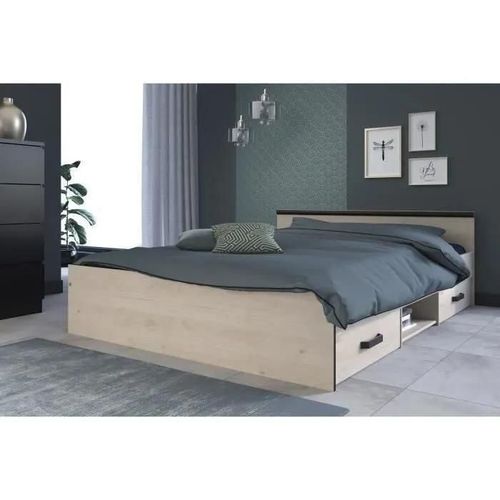 Lit Pablo Avec Rangements - 2 Tiroirs Et 1 Niche - 140 X 190 Cm - Coloris : Chêne
