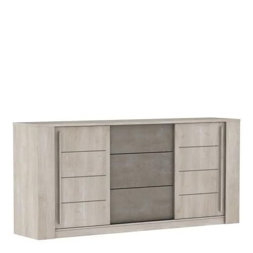 Enfilade Antibes 2 Portes Coulissantes + 3 Tiroirs - Décor Chene Champagne Et Béton Beige - L206 X P44.9 X H94 Cm - Demeyere