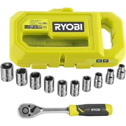 Coffret 8 douilles RYOBI - Clé 90 dents - Adaptateur 1/4 vers 3/8 - RHRS10PC