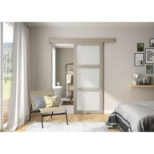 Kit porte 3 carreaux Verone (chene taupe) / verre dépoli Optimum - H2040xL830xP40 + rail