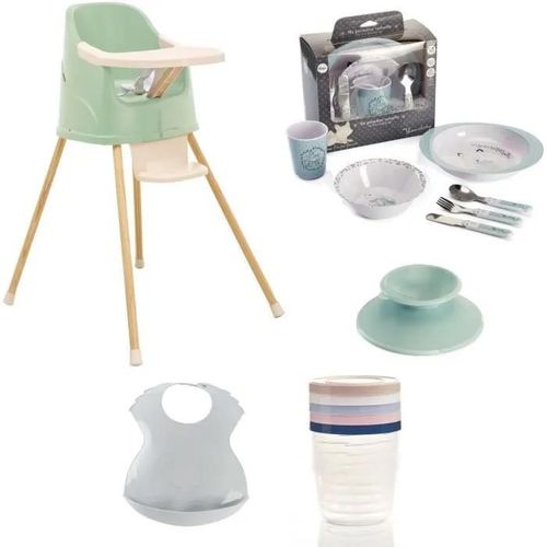 Chaise Haute Évolutive En Rehausseur De Chaise + Coffret Vaisselle + Boîtes De Conservation + Bavoir Semi-Rigide