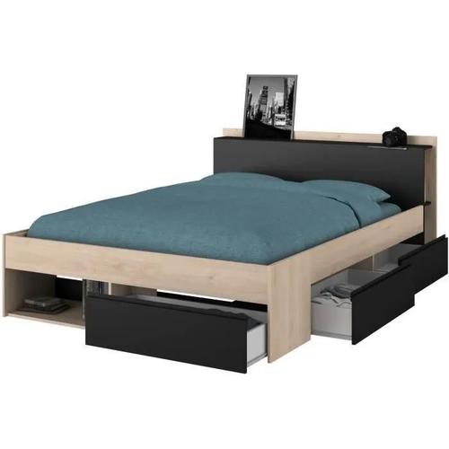 Lit Adulte Combo 140x190/200 Cm - Chene Et Noir - 3 Tiroirs - Parisot