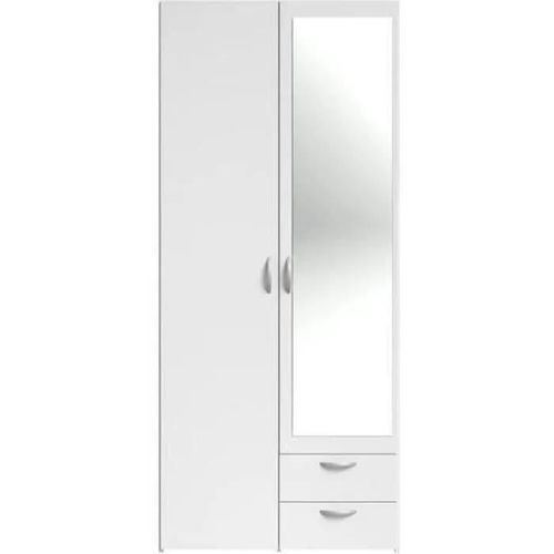 Armoire Varia - Décor Blanc - 2 Portes Battantes + 1 Miroir + 2 Tiroirs - L 81 X H 185 X P 51 Cm - Parisot