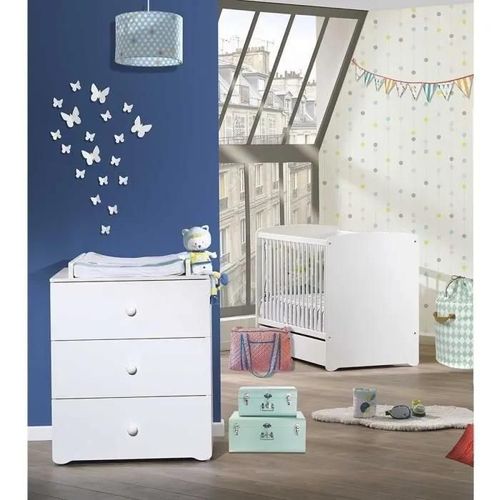 Chambre Bébé Duo Lit Bébé Blanc 120x60 + Commode À Langer 3 Tiroirs Basic