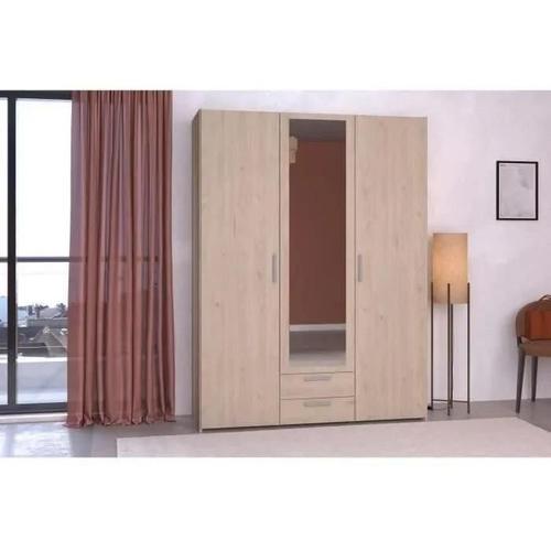 Armoire 3 Portes 1 Miroir 2 Tiroirs Effet Bois