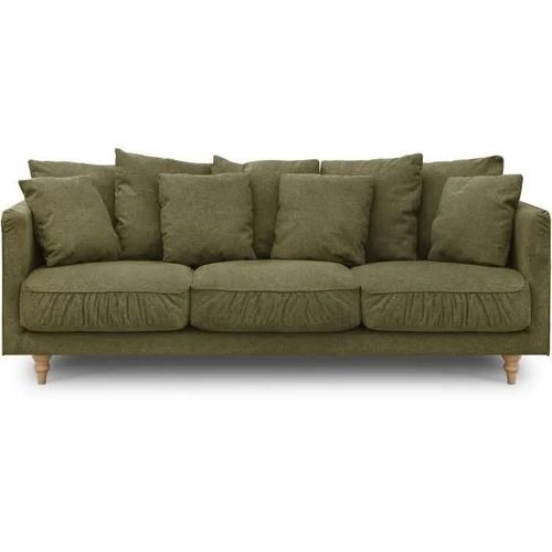 Canapé Fixe 4 Places Constance - Tissu Vert - Pied En Bois Massif - L 212 X H 87 X P 93 Cm