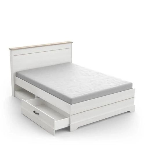 Lit Adulte Cottage 140x190/200 Cm - Mélamine Blanc Et Décor Chene Kronberg - 2 Tiroirs- L 153,40 X P 214,70 X H 102,20 Cm - Demeyere