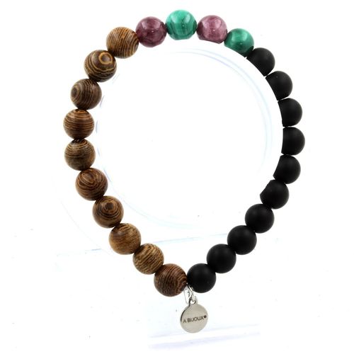 Bracelet Perles Malachite Du Congo + Lépidolite + Onyx Noir Mat + Bois Fabriqué En France.