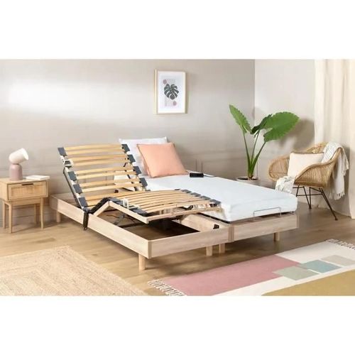 Ensemble relaxation matelas sommiers électriques décor chene 2x80x200 - Mousse - 14 cm - Ferme - TALCA