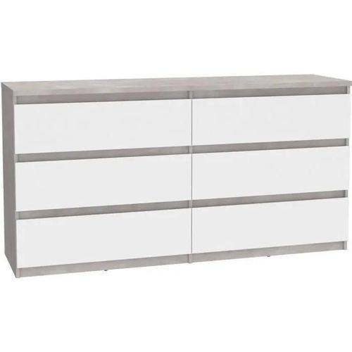 Commode Chelsea 6 Tiroirs - Couleur Blanc/Béton Clair - L 154 X P 42,2 X H 79,9 Cm