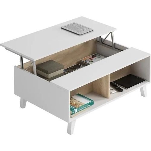 Table Basse Abby Avec Panneau Central Relevable L100cm X P68cm - Blanc / Bois