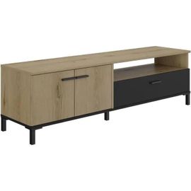 Banc Tv Effet Bois Chêne 2 Portes 1 Tiroir Long 160cm Poignées Noires