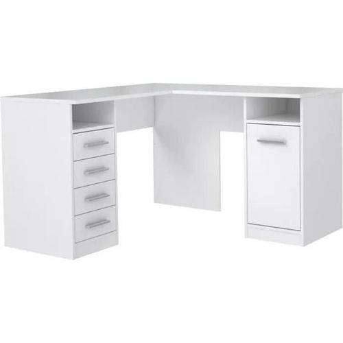 Tolede Bureau D'angle 1 Porte 4 Tiroirs - Décor Papier Blanc - L 125 X P 125 X H 75 Cm