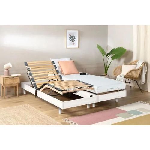 Ensemble relaxation matelas + sommiers électriques décor blanc satiné 2x80x200 - Mousse - 14 cm - Ferme - TALCA