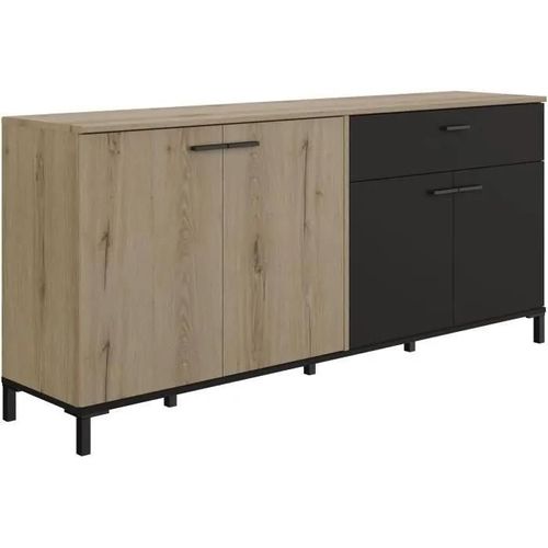 Enfilade 4 Portes 1 Tiroir Effet Bois Chêne Marron Et Noir