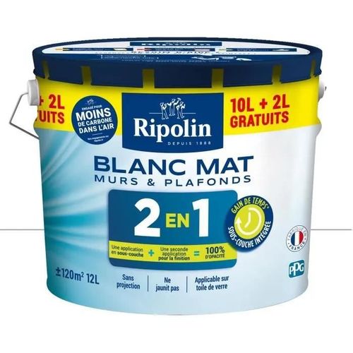 Peinture acrylique murs & plafonds Ripolin 2-en-1 blanc mat 12 L