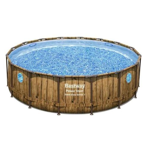 Piscine hors sol ronde Power Steel SwimVista effet bois avec hublots - 488 x 122 cm